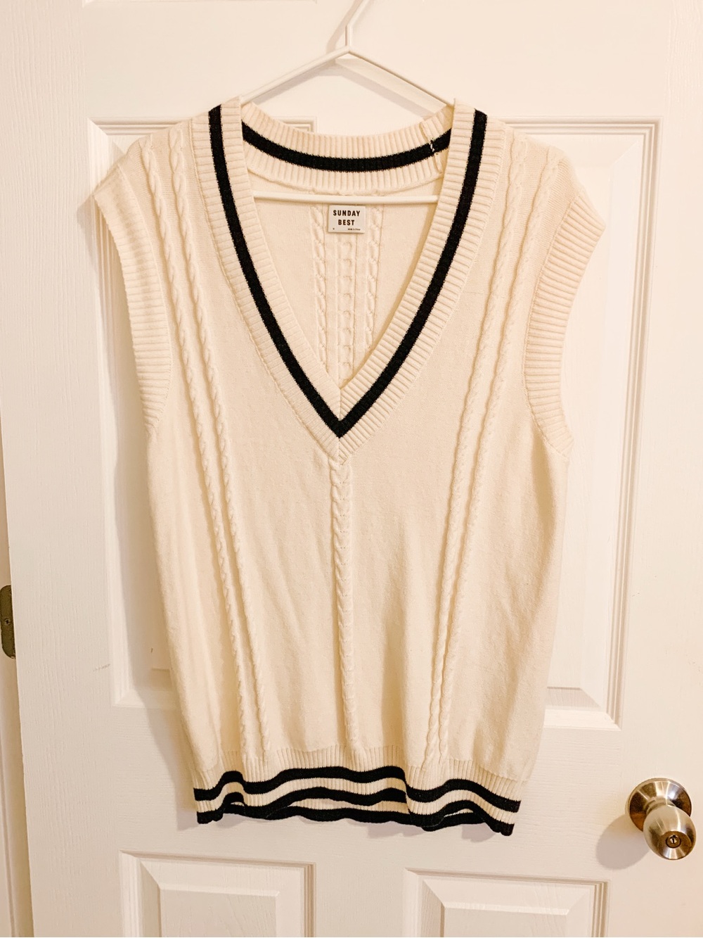 Sunday Best Cream V-Neck Cable Knit striped Sweater Vest with Navy Trim